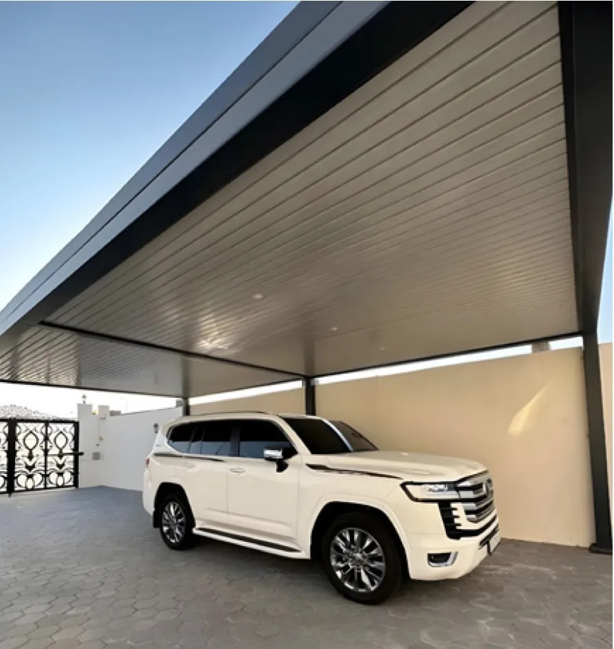 E102 B+ Car Parking Shade (​Size 6 * 6, Height 2.50 Mtr, Off-White Frame, Wooden Aluminum Color)